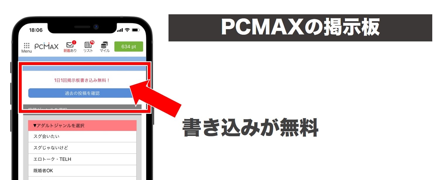 PCMAXの掲示板書き込みが無料の説明画像